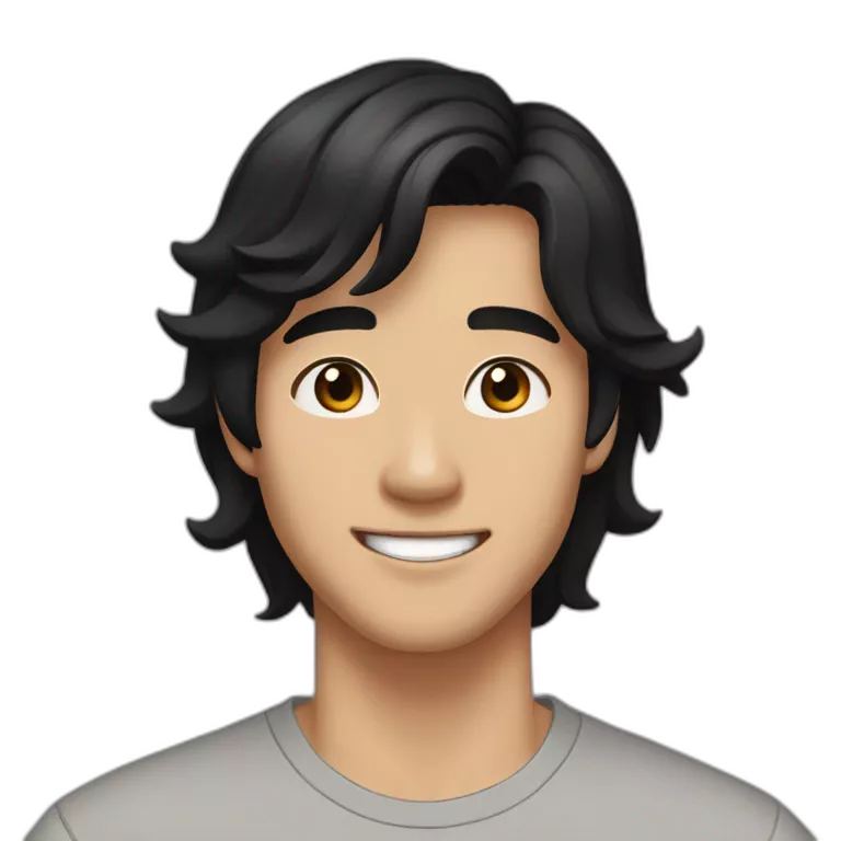 guy, black hair, medium length hair, in his 20s, very asian, smiling, t-shirt only, slight brown skin, dark brown eyes, slighty wavy hair