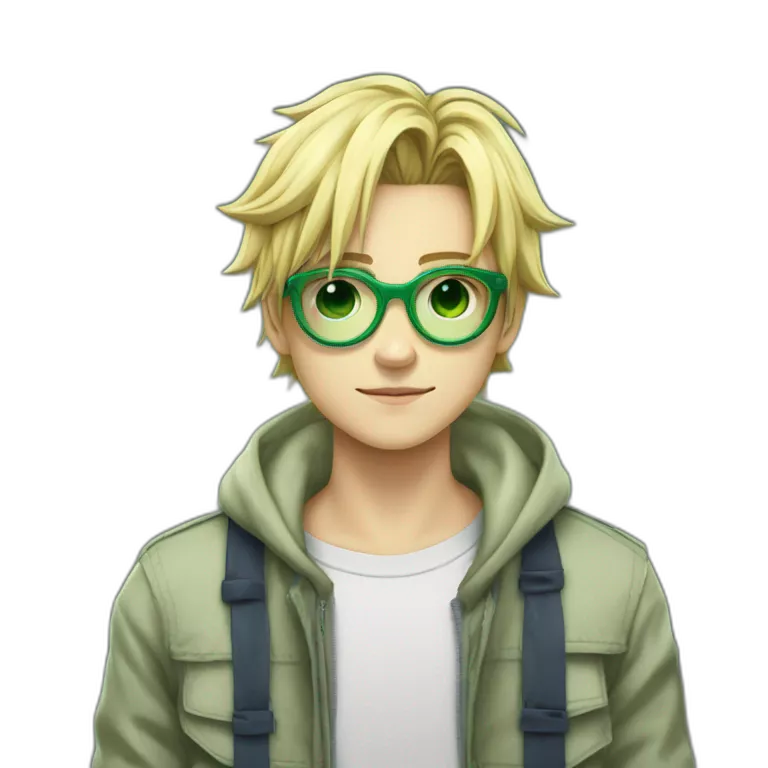 Un grand adolescent blond aux cheveux moyennement courts a lunettes avec du duvet , un sweat hunterxhunter vert avec la tête de gon freecs , ainsi qu'un jean qui tombe sur ses chaussures