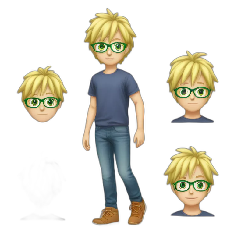 Un grand adolescent blond aux cheveux moyennement courts a lunettes avec du duvet , un sweat hunterxhunter vert avec la tête de gon freecs , ainsi qu'un jean qui tombe sur ses chaussures