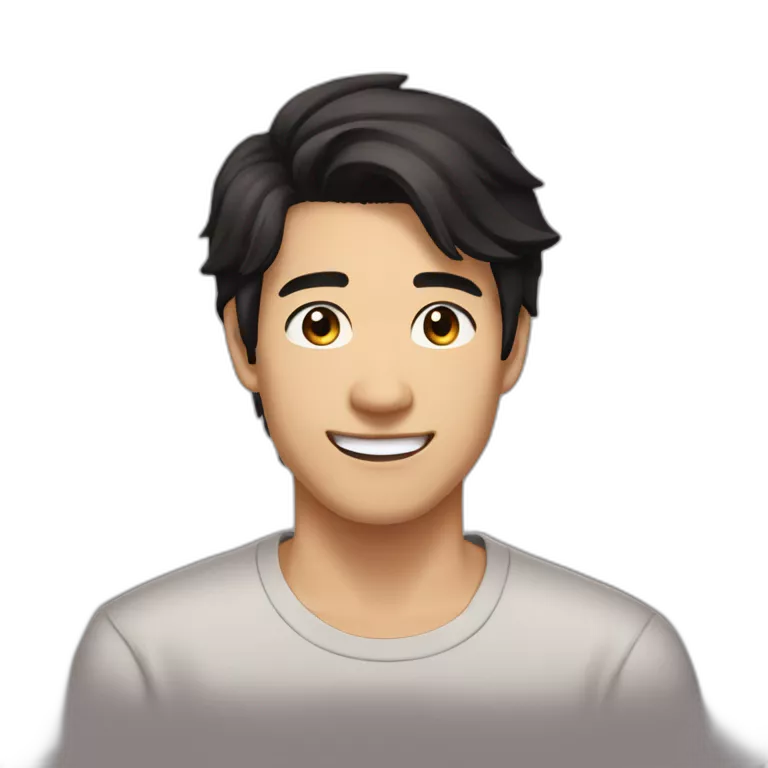 guy, black hair, medium length hair, in his 20s, very asian, smiling, t-shirt only, slight brown skin, dark brown eyes, slighty wavy hair