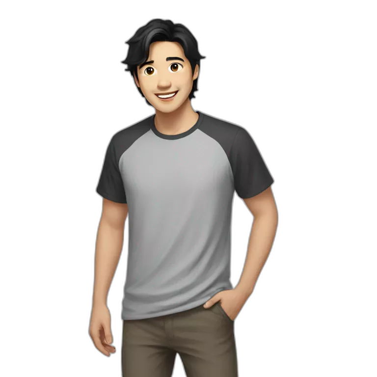 guy, black hair, medium length hair, in his 20s, very asian, smiling, t-shirt only, slight brown skin, dark brown eyes, slighty wavy hair