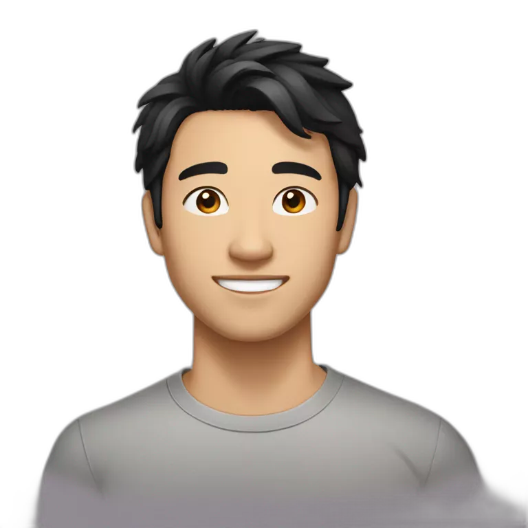 guy, black hair, medium length hair, in his 20s, very asian, smiling, t-shirt only, slight brown skin, dark brown eyes, slighty wavy hair