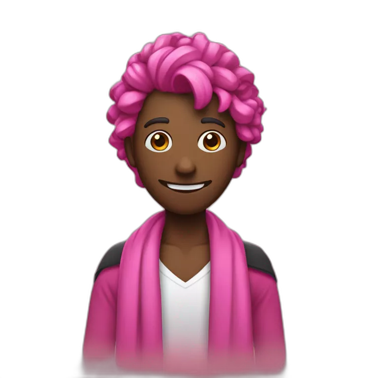 es un personaje con el pelo puntiagudo y una bufanda. El personaje tiene una bufanda rosa alrededor del cuello. El personaje tiene el pelo puntiagudo que es negro