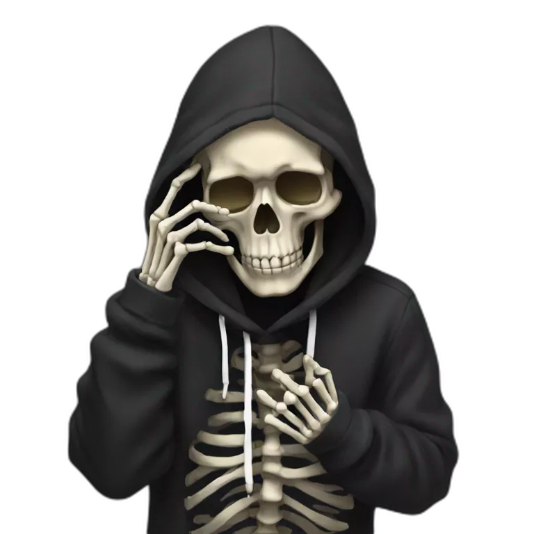 skeleton in black hoodie get facepalm (only face with hand)