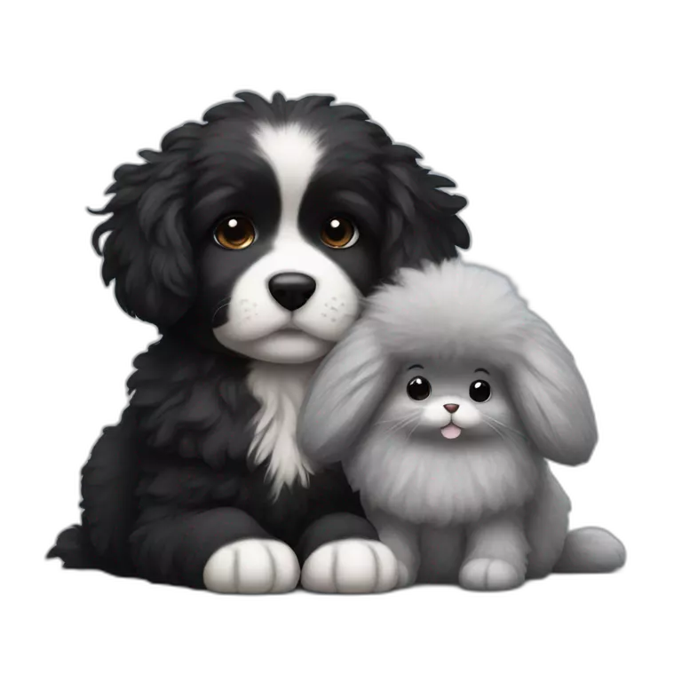 Black small fluffy dog laying with gray small fluffy bunny