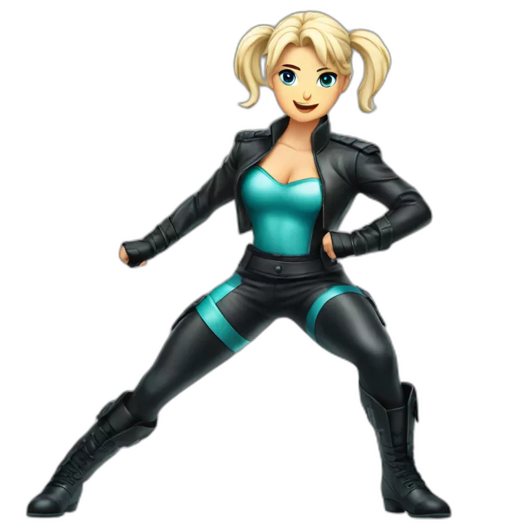 1 girl, leather suit, latex legwear, leather skirt, platinum blonde hair, ponytail, smirk, aqua eyes, leather boots Victory pose, Fighting stance