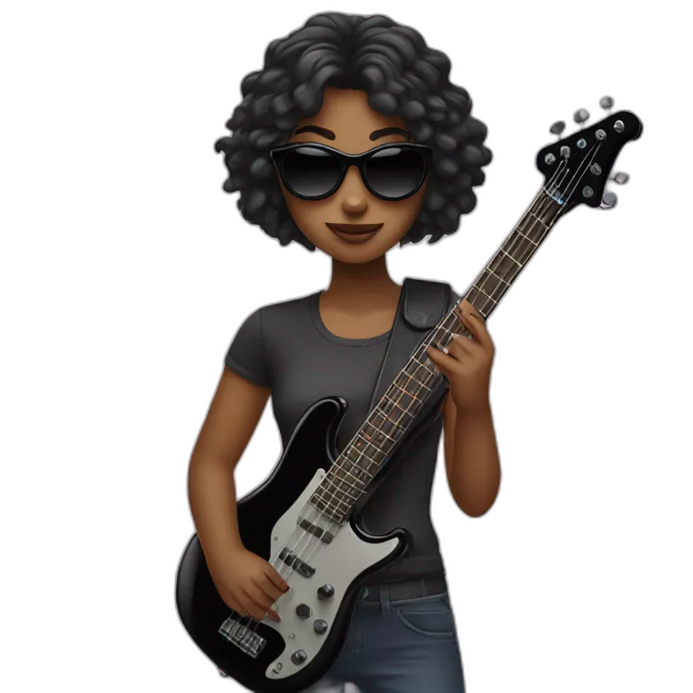 girl with sunglasses holsing a black bass guitar