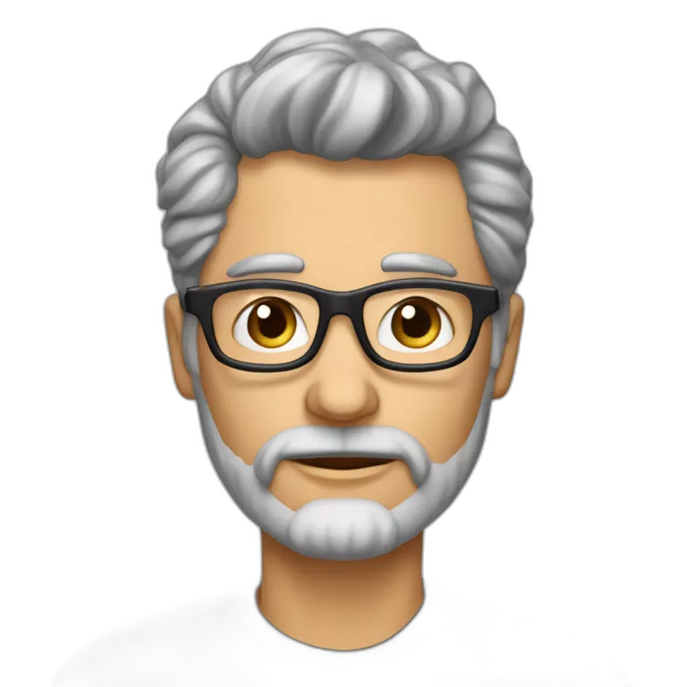 hombre de 55 años con el pelo muy corto y ondulado canoso, barba canosa cortita, boca grande y labios muy carnosos, ojos color gris claro, lentes de color negro
