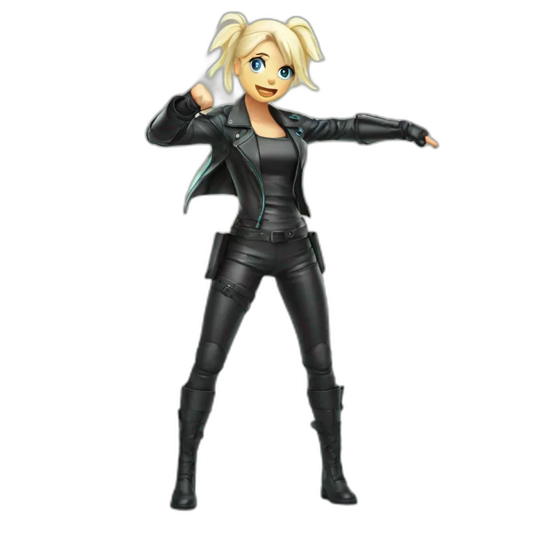 1 girl, leather suit, latex legwear, leather skirt, platinum blonde hair, ponytail, smirk, aqua eyes, leather boots Victory pose, Fighting stance