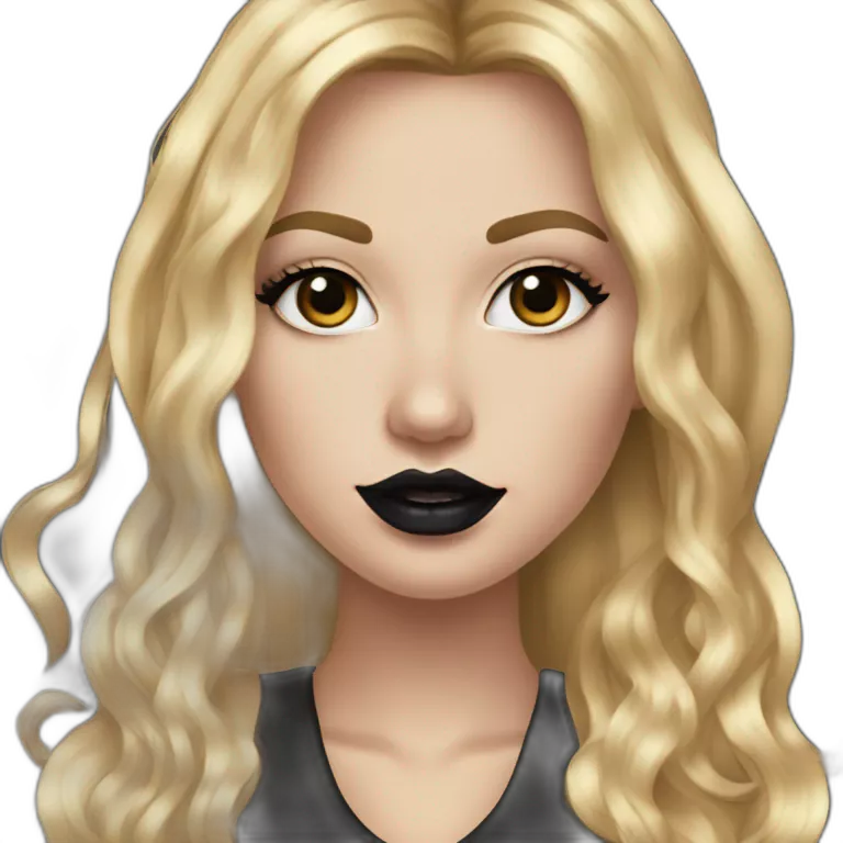 white girl with large gold hoop earrings wearing a black dress, with long hair, with black lips and makeup, pierced nose and ears, gold jewelry