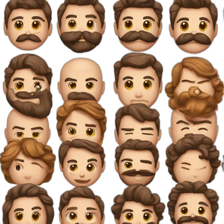 cara redonda con barba no muy poblada, perilla y bigote. Nariz gordita, labios carnosos, pelo marrón oscuro con tupé corto. Piel bronceada