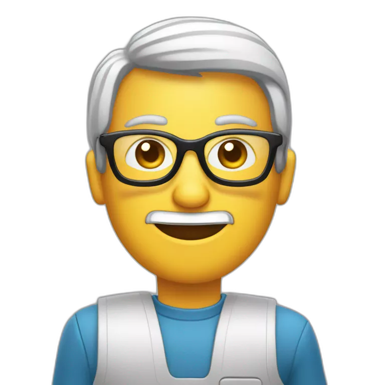 una persona con lentes sentado en una computadora dice con su mano buenos días