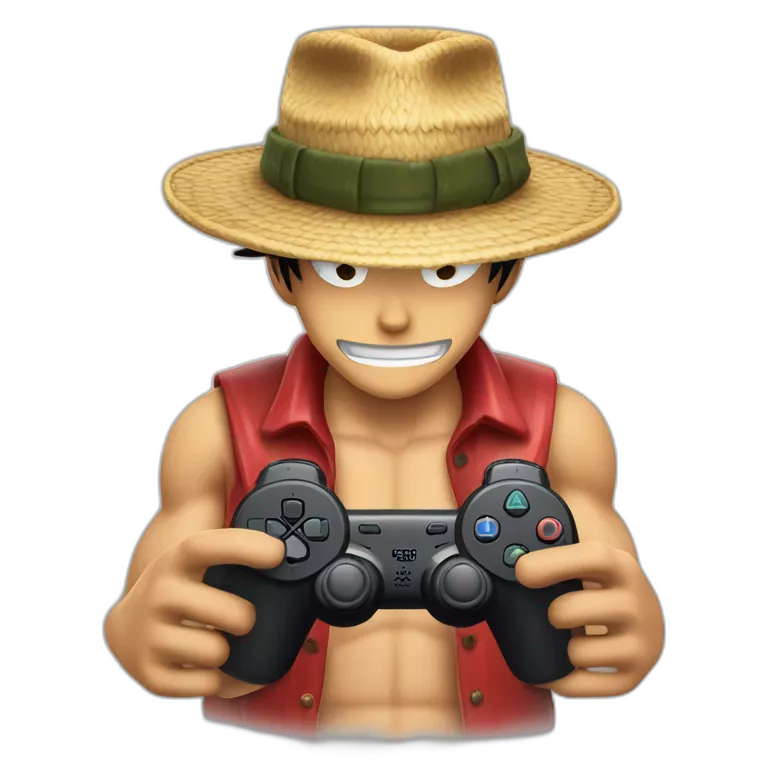 Homme peau claire, cheveux châtain en arrière, avec le chapeau de Luffy et une manette ps5 en main