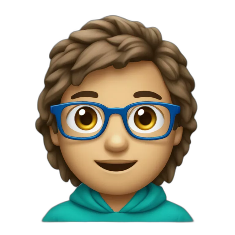 niño 11 años alto delgado con gafas rectangulares azules nariz pequeña sudadera azul, ojos verdes, pelo castaño un poco largo