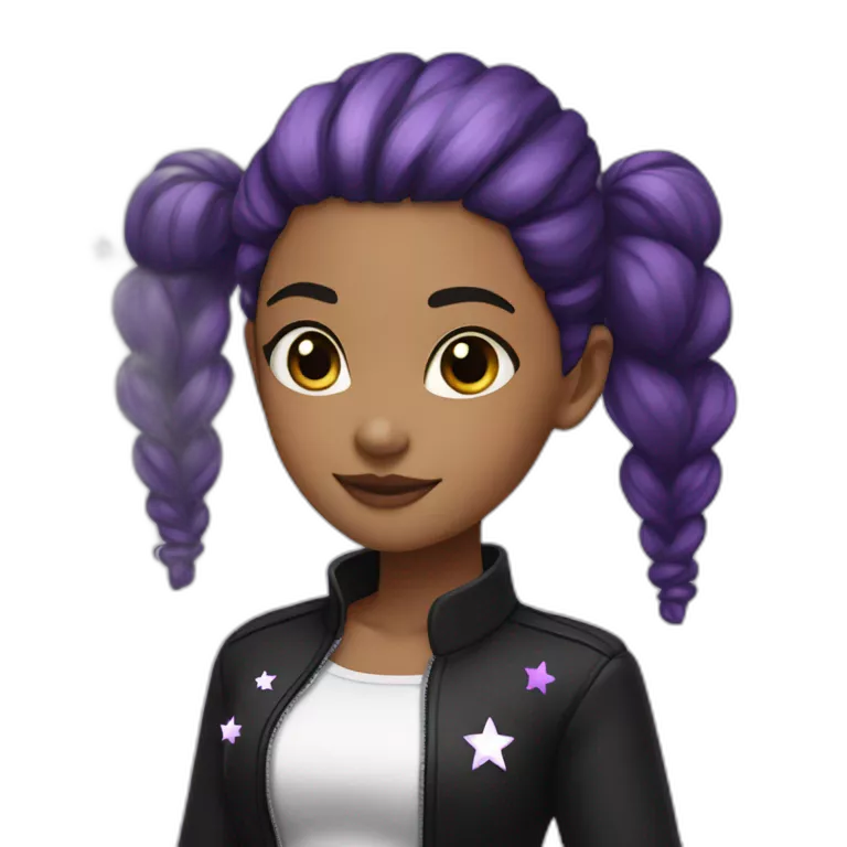 girl with black high twintails, black jacket and white top, purple stars in her hair