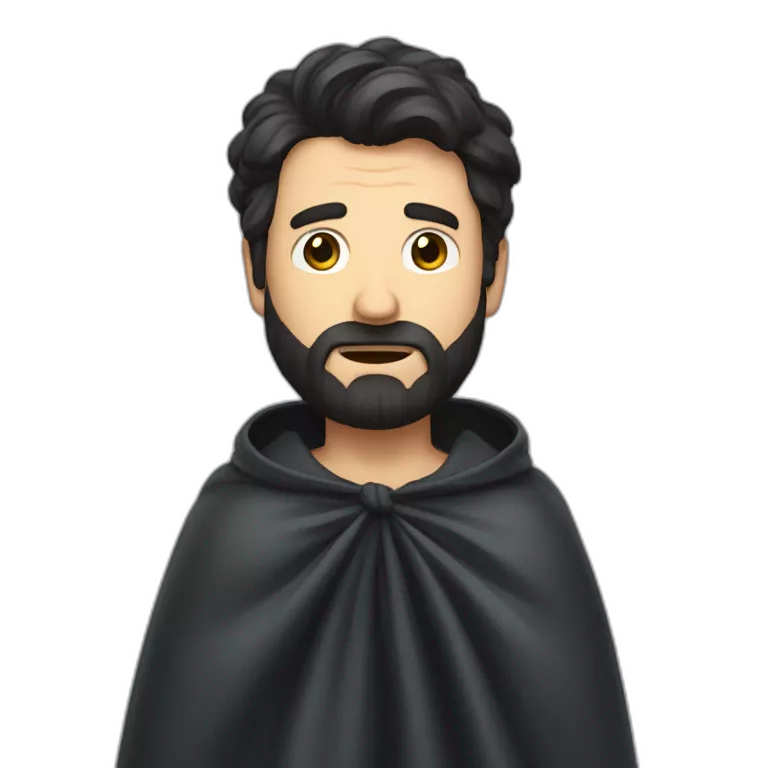 dark hair bearded man throwing his cape over his shoulder in shame