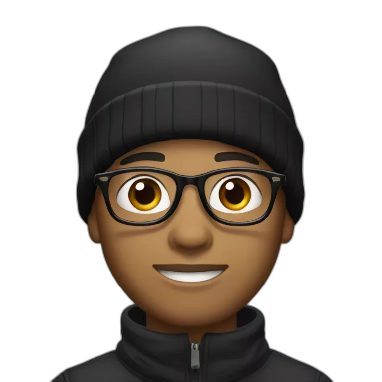 A young man wearing glasses, his skin is very light brown, and he is wearing a black winter hat and a black winter shirt as well