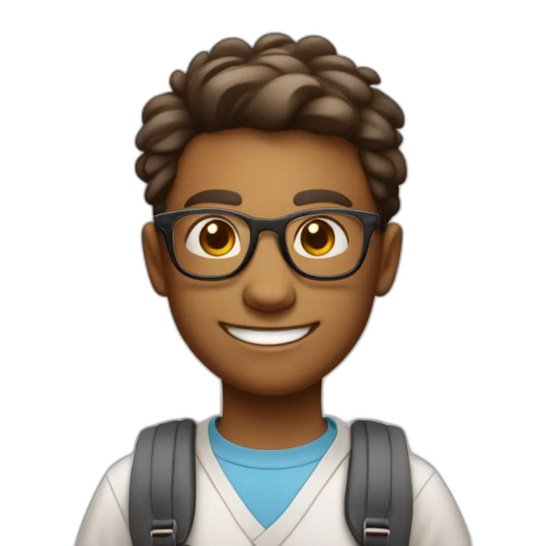 Friendly cartoon character, wearing school uniform or casual clothes, wearing a pair of glasses, smiling broadly, with campus elements in the background such as school bags, playground, etc.