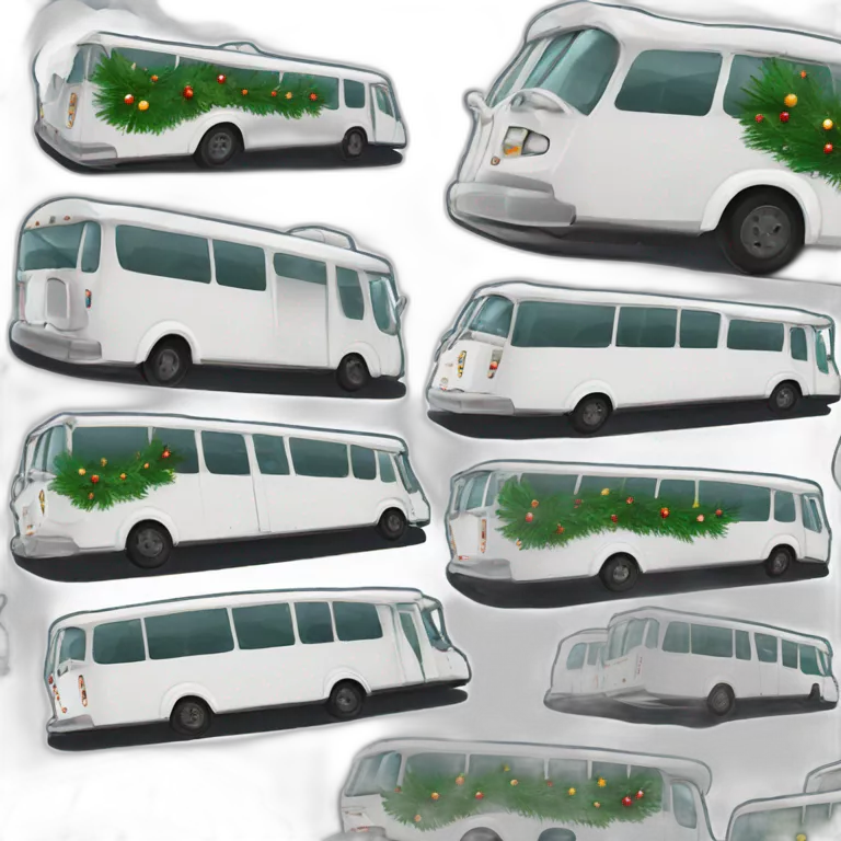High quality decal style sticker featuring a white bus with a Christmas tree on the roof. Vector sticker style. White background