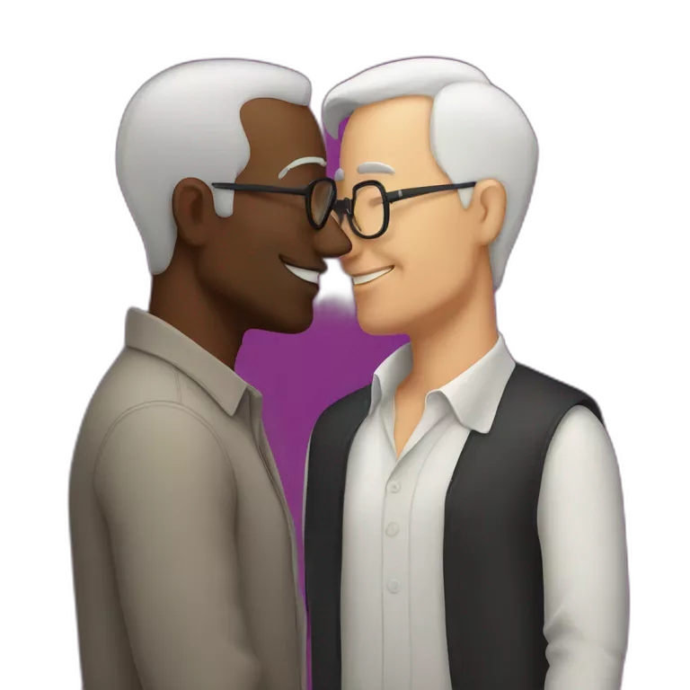 50 years old white bold guy kisses a 50 years old black bold  guy