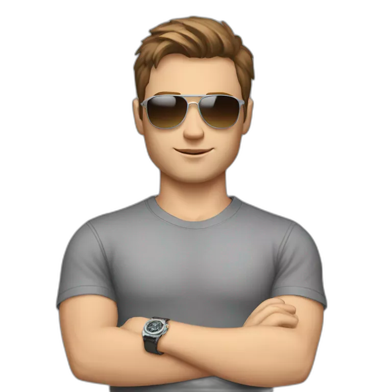 young white male with brown hair and brown eyes, wearing grey T-shirt, having pilot sunglasses, while having crossed arms and having silver rolex on whrist