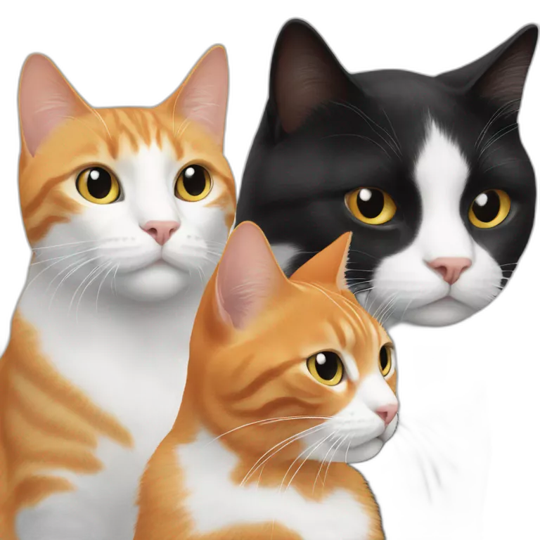 Orange cat with white on face next to two black and white cats
