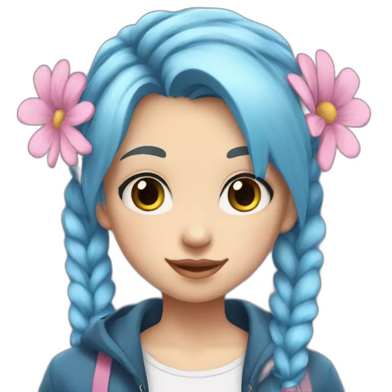 Girl teenager with blue hair and two pigtails. She has blue eyes. She is wearing a white shirt with pink flowers on the shirt , and a blue jacket.