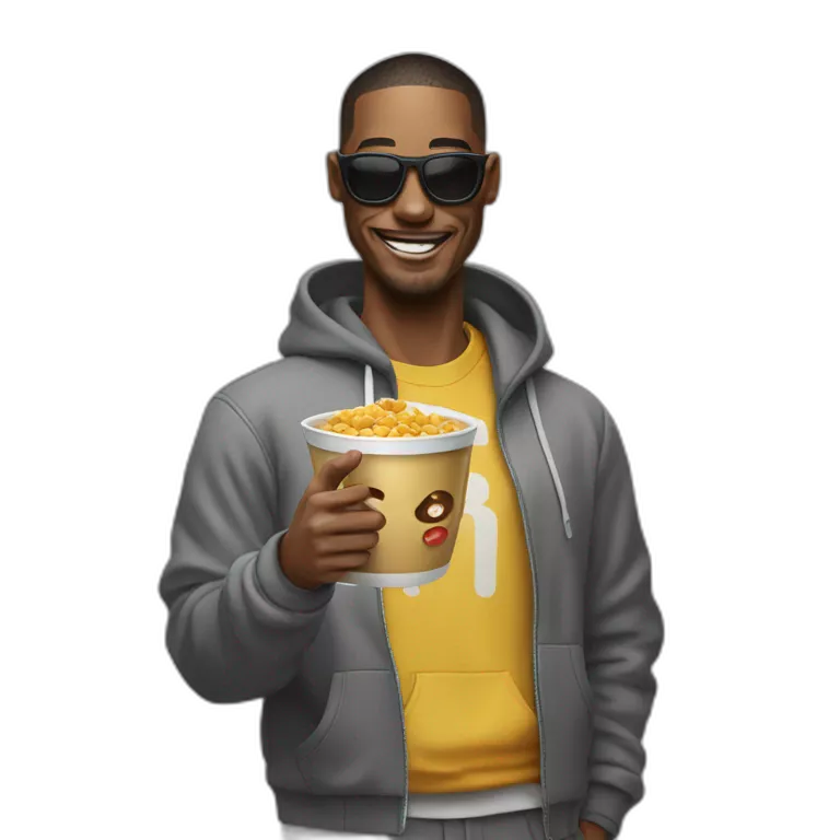 man with a cereal bowl head making a thumbs up in streetwear