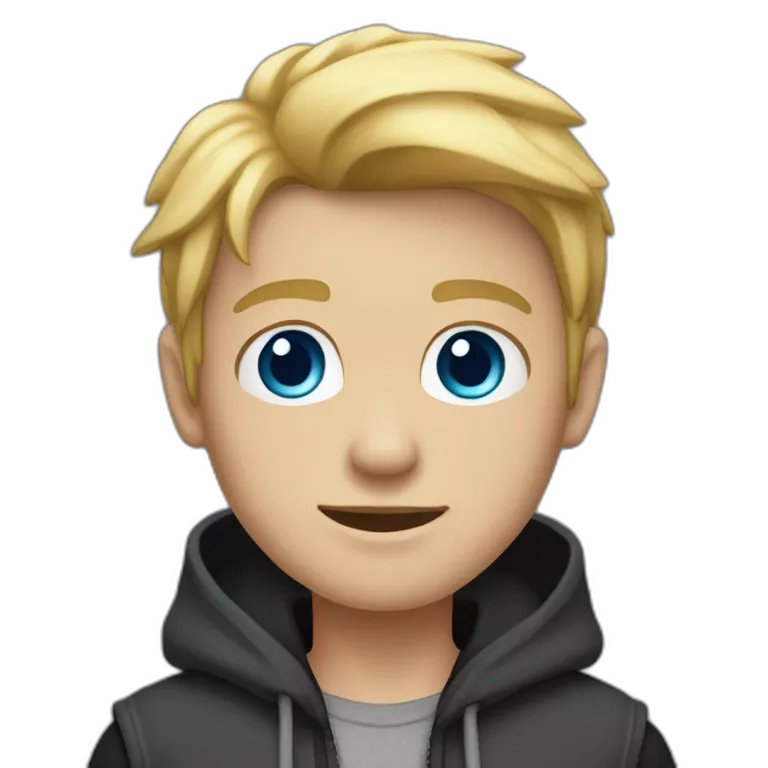 young blond man full bodywith gray-blue eyes dressed in a gray hoodie and black vest
