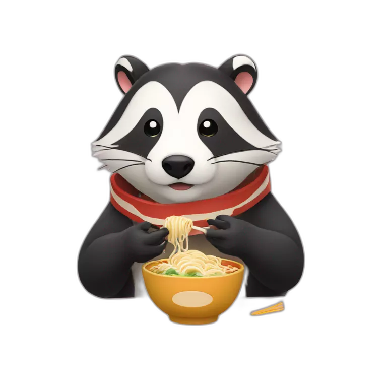 A badger eating ramen with a narutomaki