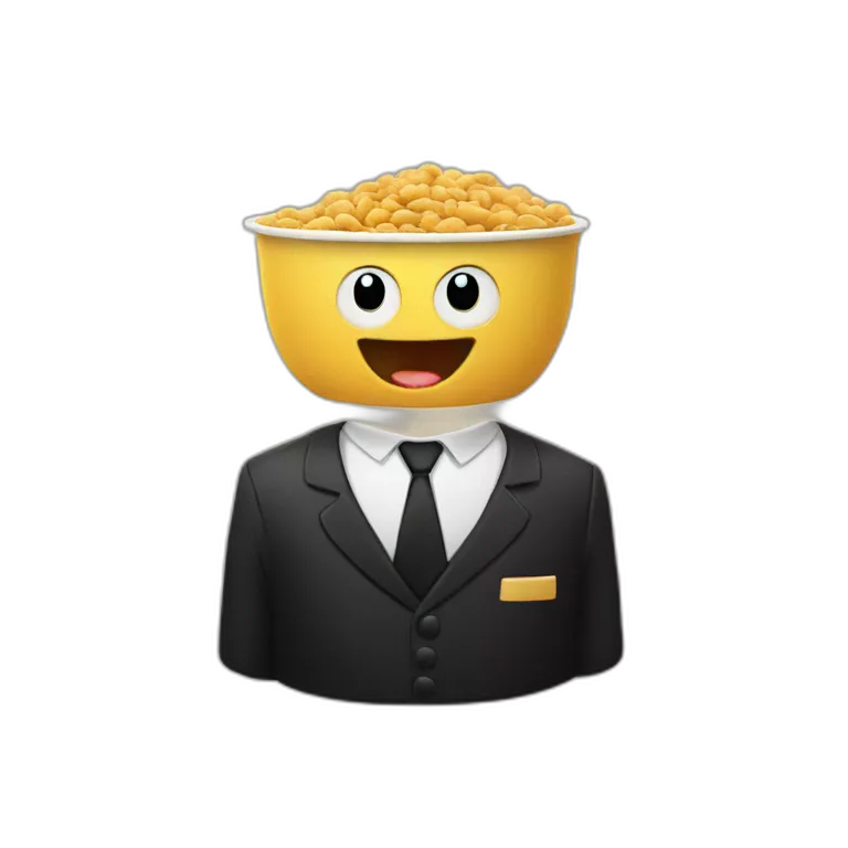 anthropomorphic cereal bowl character wearing a black suit
