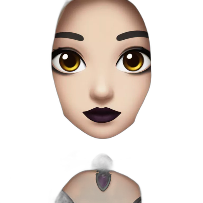 an emote of a gothic girl with brown long hair, black eyeliner and a dark plum lipstick for twitch