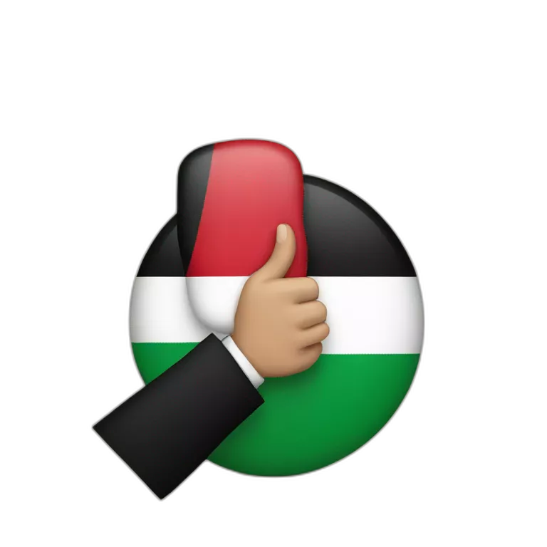 A person puts his hand over his mouth with the Palestinian flag drawn on his hand