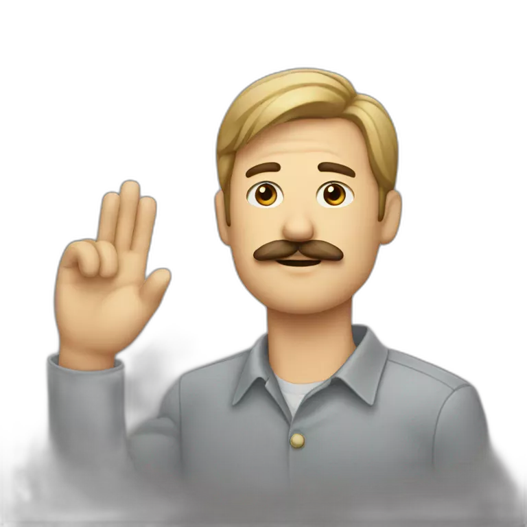 Man with mustache, right hand saluting with tip of hand touching tip of mustache