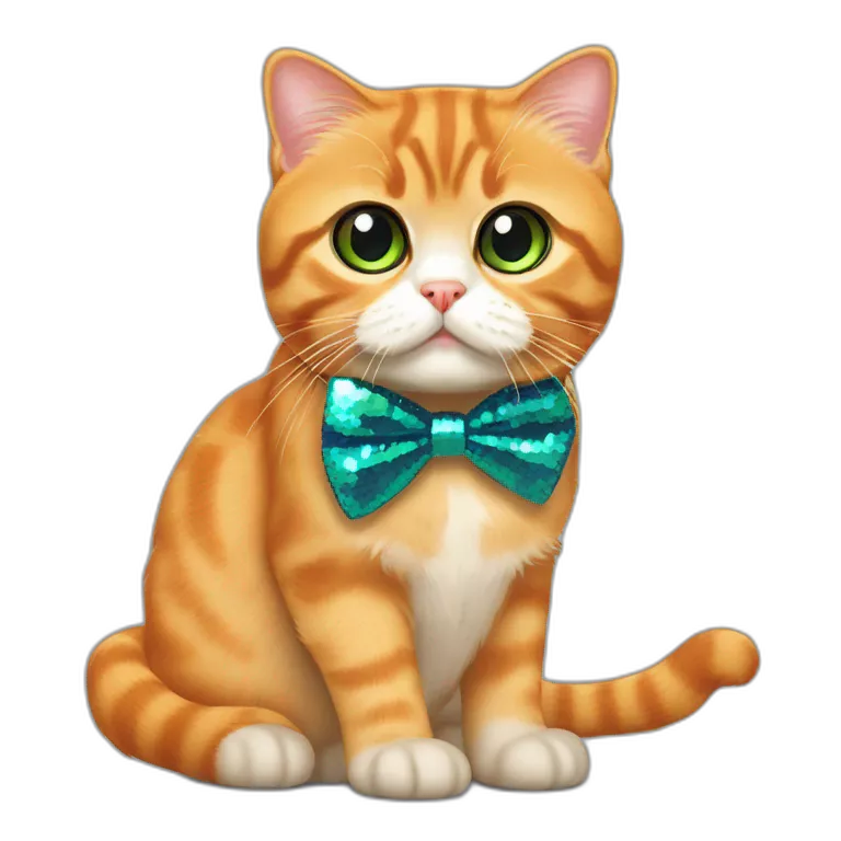 orange scottish fold cat face only green blue eyes red sequin bow long whiskers surprised