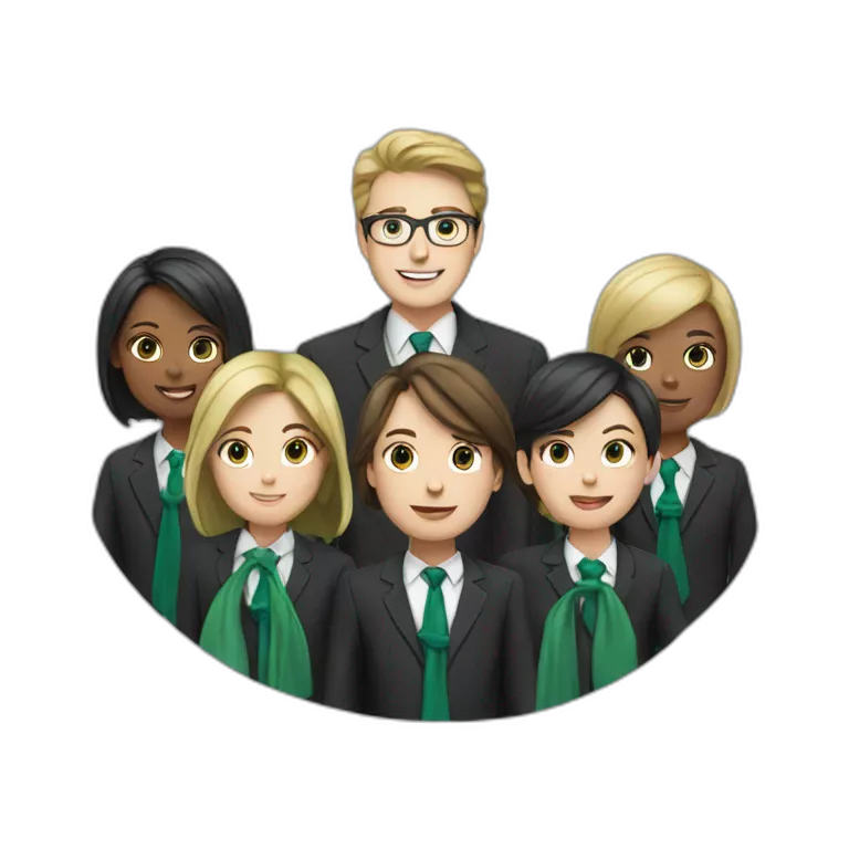 Many school  wyhite students and teacher in black blue school costume and green tie
