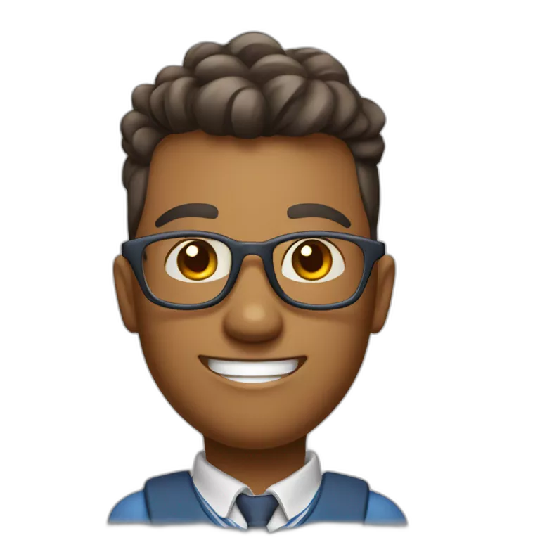 Friendly cartoon character, wearing school uniform or casual clothes, wearing a pair of glasses, smiling broadly, with campus elements in the background such as school bags, playground, etc.