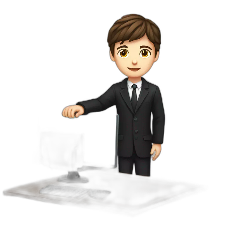 Pc in hands, works on pc, Blue eyes, Classy programmer, 13 years old, coat, formal outfit, pc in hands, brunette boy, uses pc stays on pc, black coat, has pc in hands, all body see