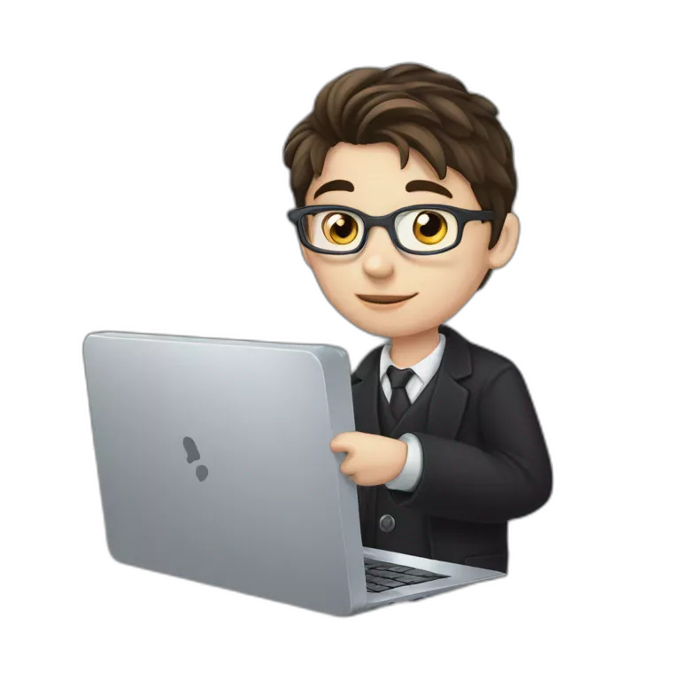 Pc in hands, works on pc, Blue eyes, Classy programmer, 13 years old, coat, formal outfit, pc in hands, brunette boy, uses pc stays on pc, black coat, has pc in hands, all body see