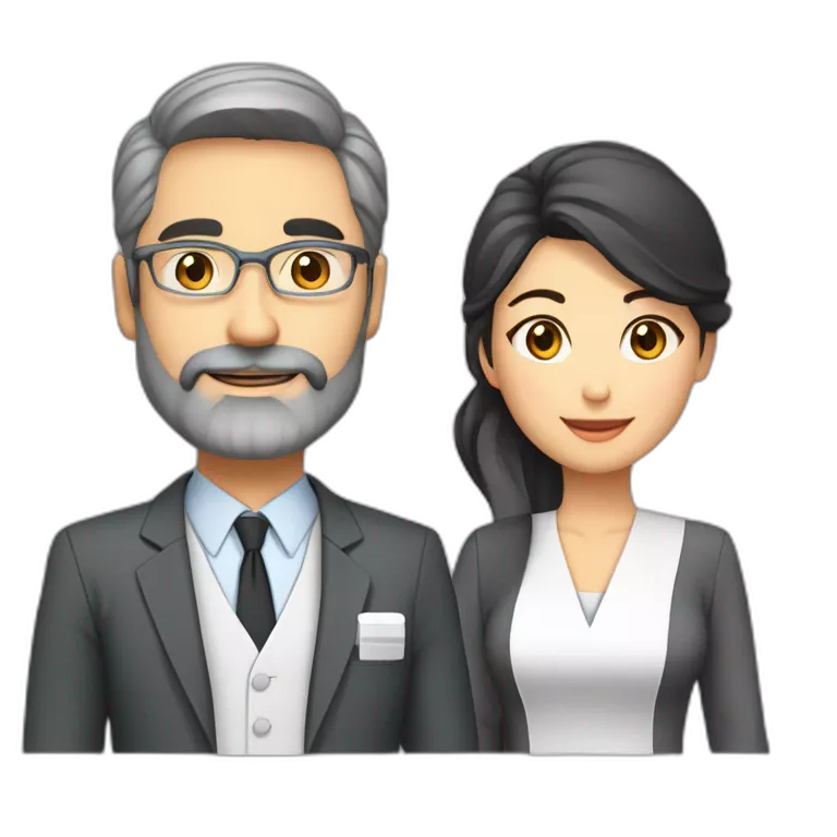 husband preacher middle age dark gray hair trimmed beard business suit, with wife asian age 55 dark hair nurse uniform