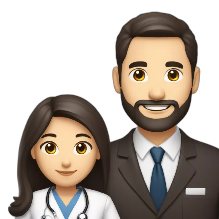 husband american age 55 dark brown hair trimmed beard wearing business suit pastor holding bible, wife asian age 55 black shoulder length hair wearing nurse uniform, no children