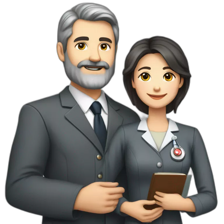 husband executive caucasian middle age dark gray hair trimmed beard business suit and open bible, with wife asian age 55 dark hair nurse uniform, no children