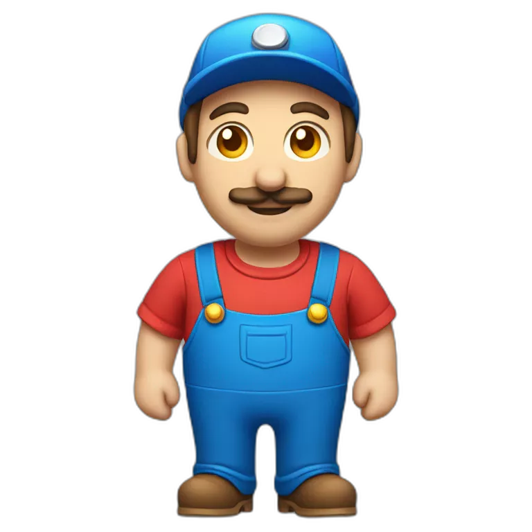 plumber with a red hat &amp; shirt, blue overalls with yellow buttons, a brown mustache &amp; blue eyes