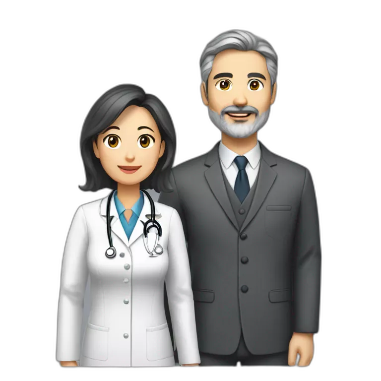 husband preacher middle age dark gray hair trimmed beard business suit, with wife asian age 55 dark hair nurse uniform