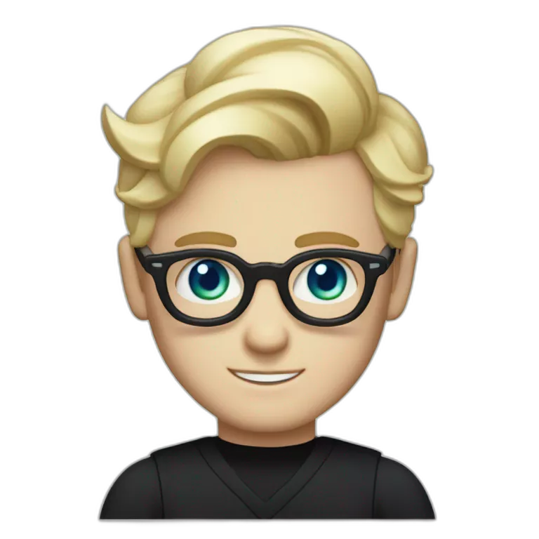 blonde hair white male wearing black shirt with bold blue thick glasses green eyes and blonde hair comb over Gatsby style