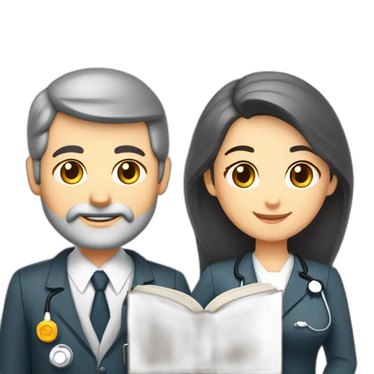 husband executive caucasian middle age dark gray hair trimmed beard business suit and open bible, with wife asian age 55 dark hair nurse uniform nurse cap