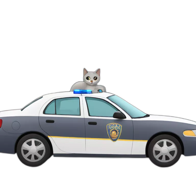 grey cat in a police car. The car is parked outside a doughnut shop