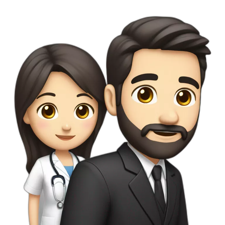 husband american age 50 dark brown hair trimmed beard wearing dark business suit holding bible together, wife asian age 50 black hair wearing nurse uniform, no children