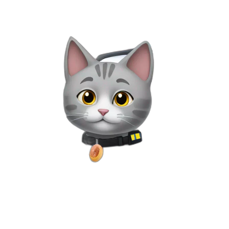 grey cat sitting in a police car. The car is parked outside a doughnut shop