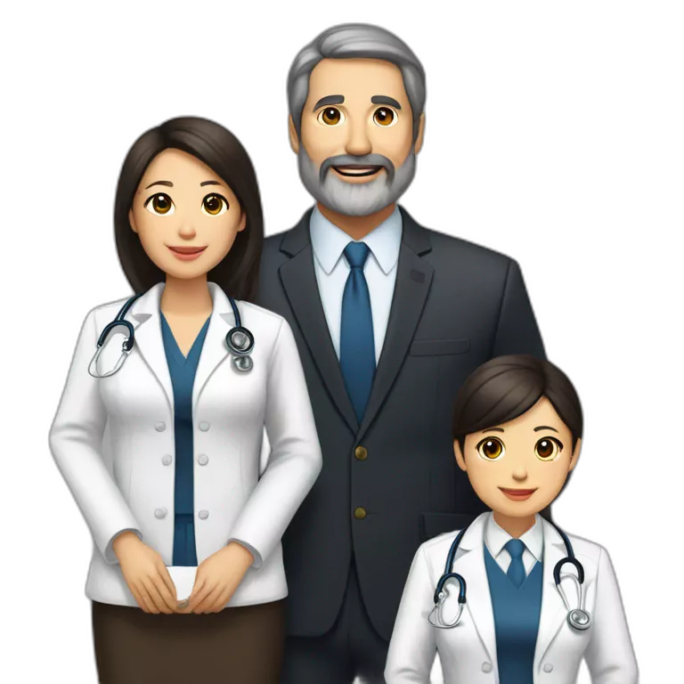 husband american age 64 dark brown hair trimmed beard wearing a business suit holding a bible, wife asian age 64 black shoulder length hair wearing nurse uniform, two daughters age 30 and 37